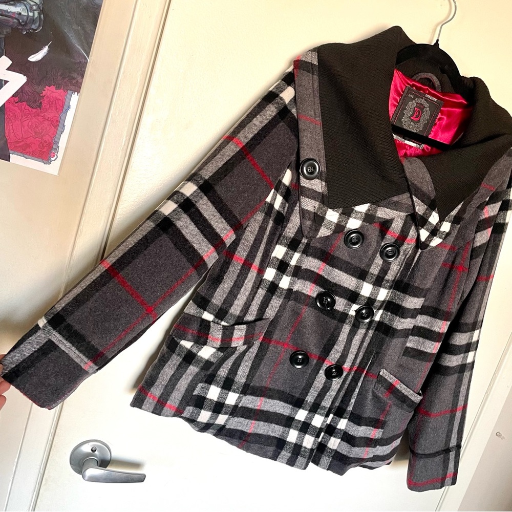 nyc dollhouse outerwear plaid collared coat with satin lining red details